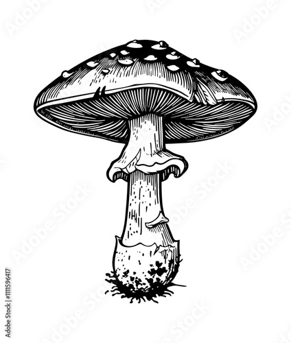 mushroom amanita engraving black and white outline