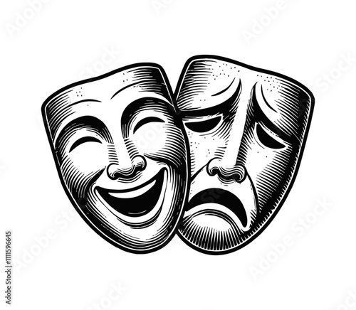 two theater mask sad and happy engraving black and white outline