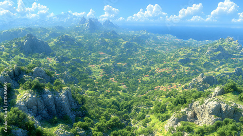 Panoramic view of a lush green valley nestled between rocky mountains and a coastline under a bright blue sky.