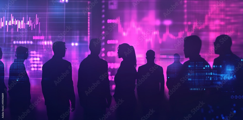 Silhouettes of Business People in Front of a Glowing Digital Blue Background Silhouettes of Business People in Front of a Glowing Digital Blue Background
