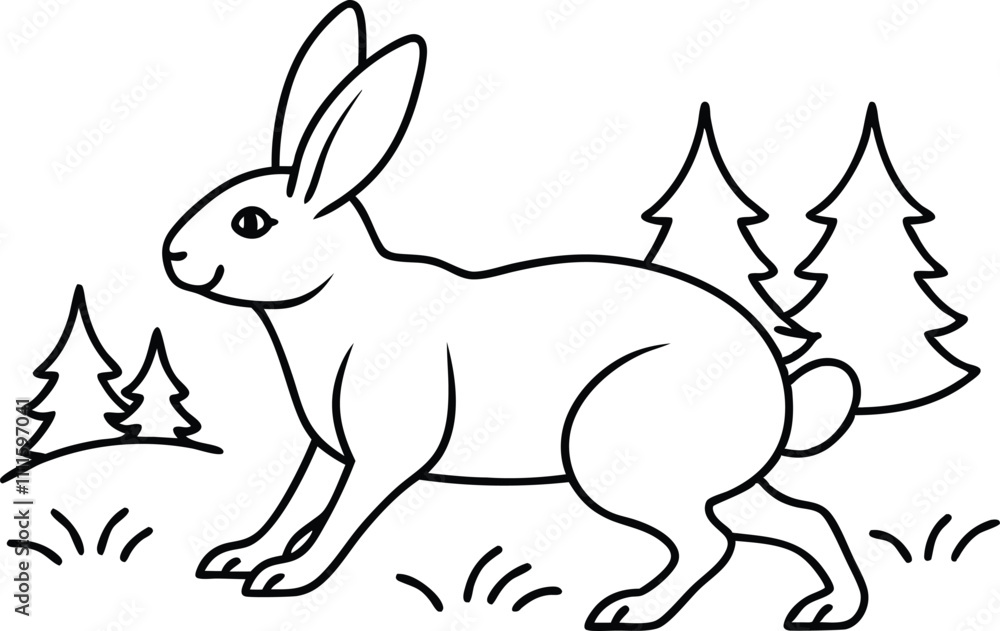 Obraz premium Line Art Drawing of a Rabbit in a Forest Scene