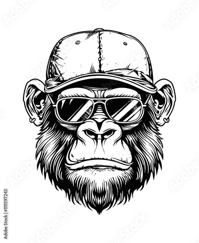 gorilla cap sunglasses engraving black and white outline