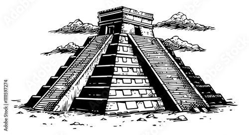 mayan pyramid engraving black and white outline