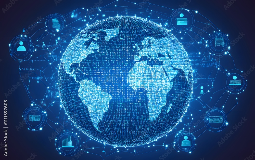 A digital globe with icons of people connecting across the world, surrounded by binary code and data streams, representing global network technology, A digital globe with icons of people connecting across the world, surrounded by binary code and data streams, representing global network technology,