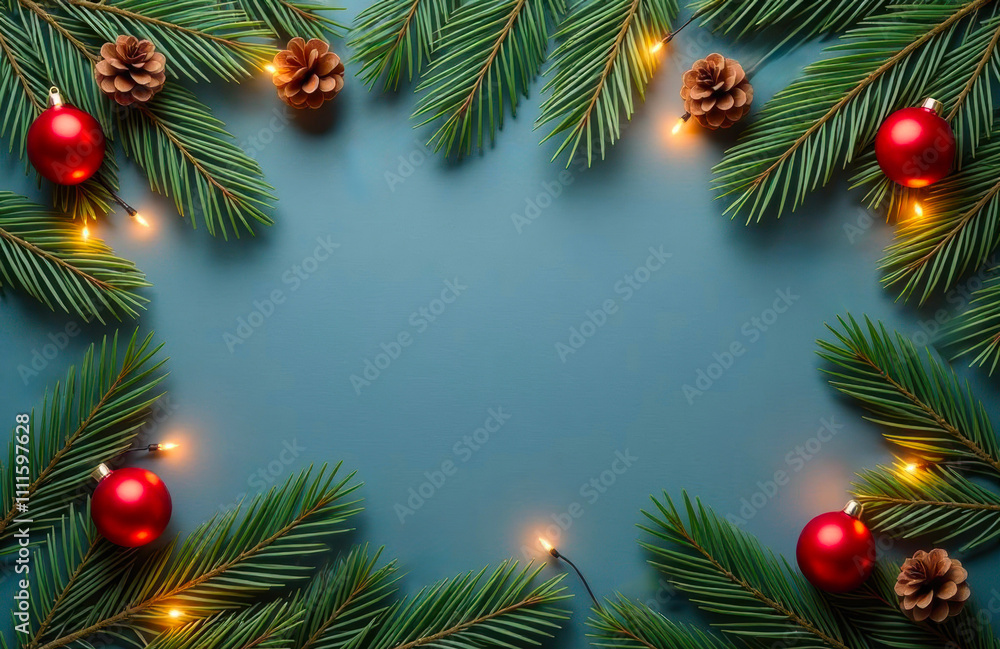 Christmas background with fir branches in the form of a frame, red ornaments and glowing light bulbs on a blue background Christmas background with fir branches in the form of a frame, red ornaments and glowing light bulbs on a blue background