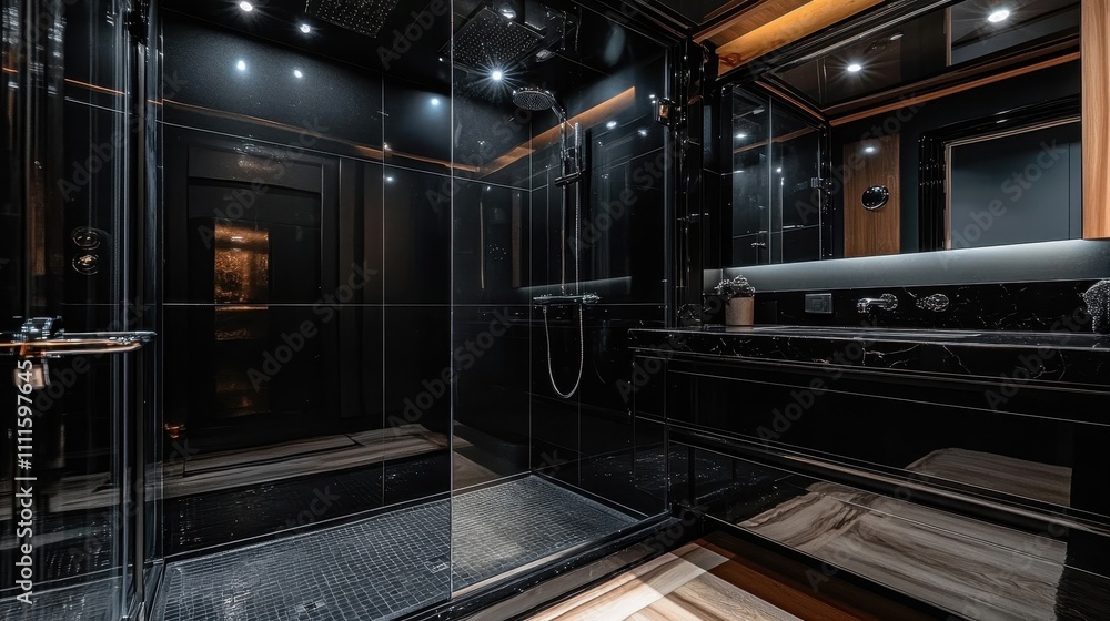 Elegant Modern Bathroom with Black Glass Features Elegant Modern Bathroom with Black Glass Features