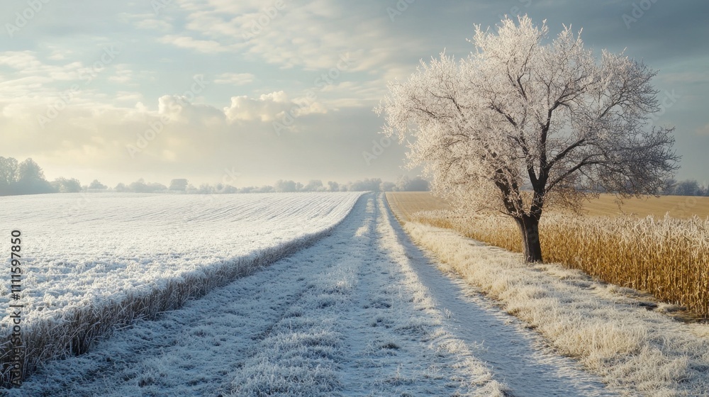 A split-season landscape with warm summer hues merging into the cold whites of winter under soft light A split-season landscape with warm summer hues merging into the cold whites of winter under soft light