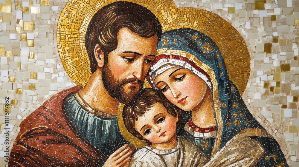 A spiritual masterpiece of the Holy Family in mosaic form, emphasizing intricate designs and devotion A spiritual masterpiece of the Holy Family in mosaic form, emphasizing intricate designs and devotion