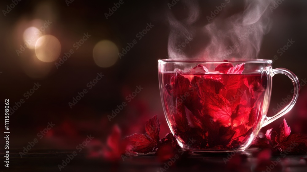 A steaming glass cup filled with vibrant red hibiscus tea on a clean background, leaving ample room for text or design A steaming glass cup filled with vibrant red hibiscus tea on a clean background, leaving ample room for text or design
