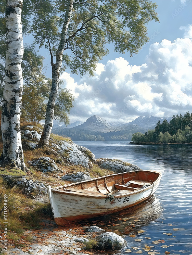 Serene lake scene with small wooden rowboat on shore, nestled among birch trees and mountains under a partly cloudy sky. Serene lake scene with small wooden rowboat on shore, nestled among birch trees and mountains under a partly cloudy sky.