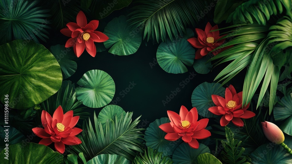 A summer highlight featuring vivid red lotus blossoms surrounded by lush greenery, perfect for designs with copy space A summer highlight featuring vivid red lotus blossoms surrounded by lush greenery, perfect for designs with copy space