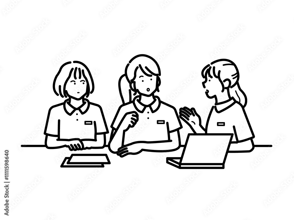 会議をする看護師3人のイラスト　線画のみ