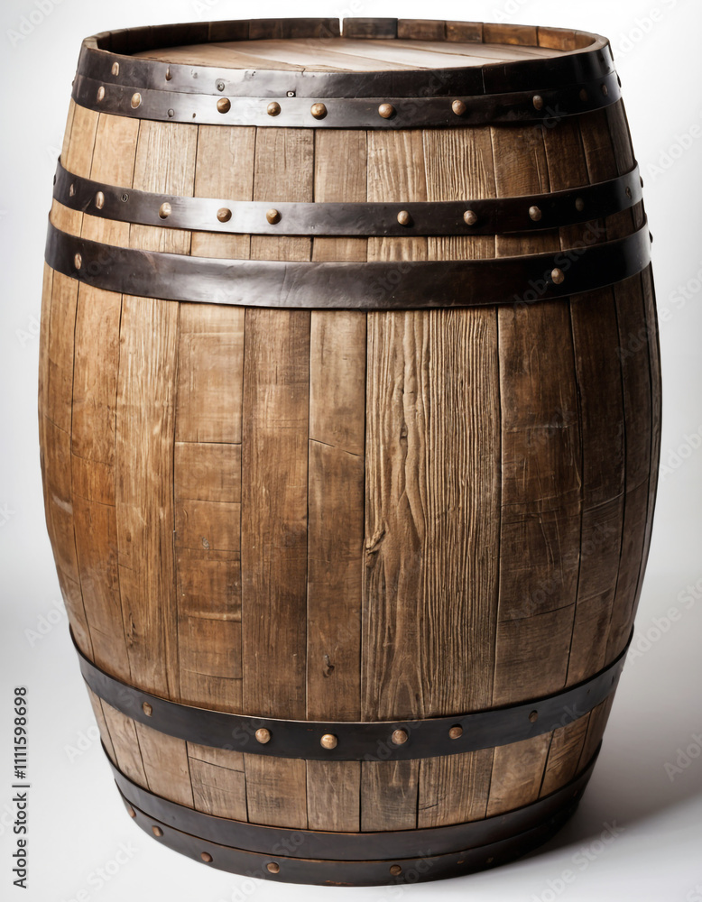 Obraz premium Rustic Wooden Barrel with Metal Bands Isolated on White Background, Perfect for Storage or Decor.