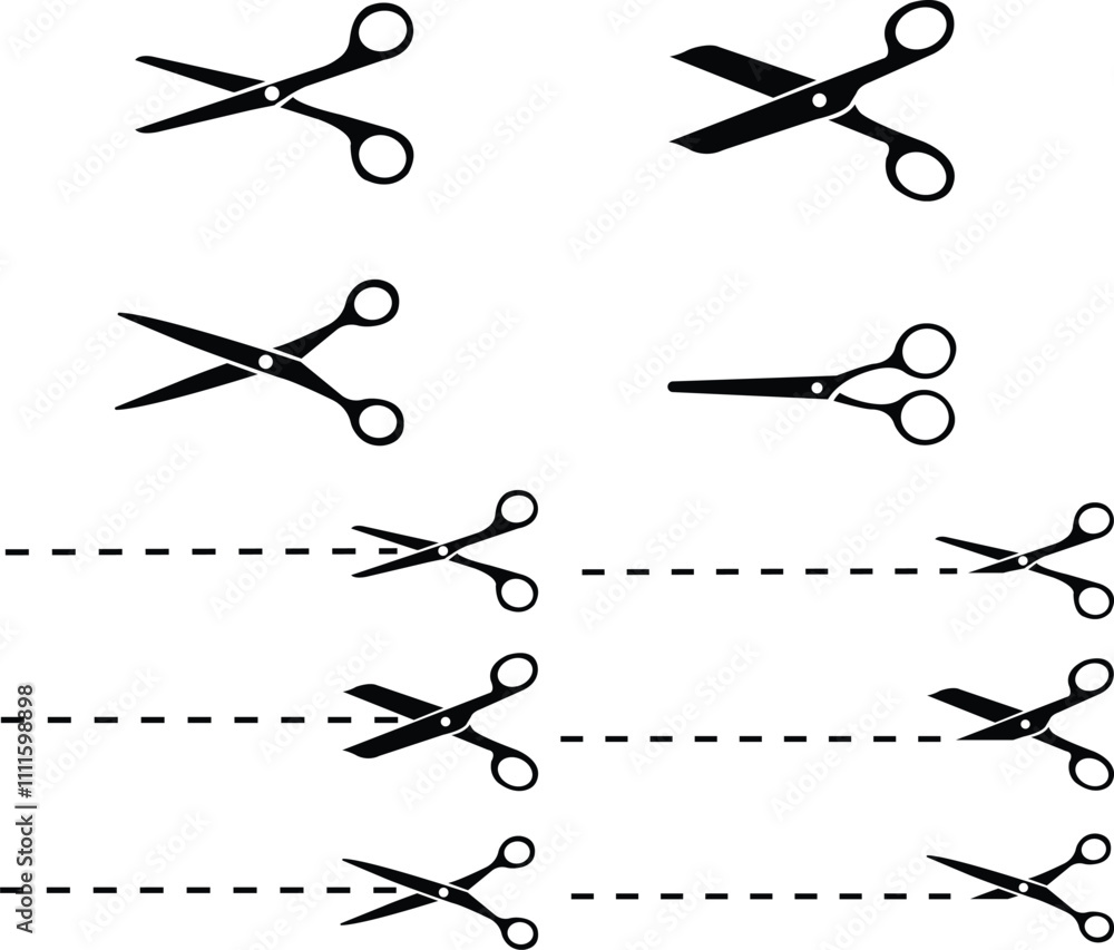 Scissors with cut or dotted line set. flat icon style. Scissors collection black on transparent background. - stock vector Scissors with cut or dotted line set. flat icon style. Scissors collection black on transparent background. - stock vector