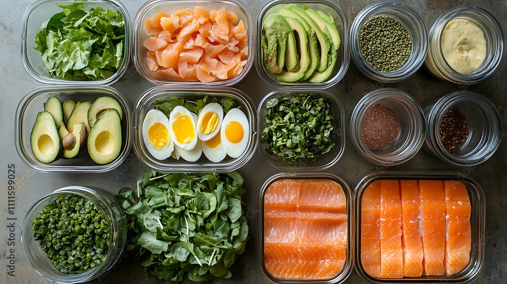 A top-down view of a meal prep station featuring low-carb ingredients like eggs, avocado, smoked salmon, and leafy greens A top-down view of a meal prep station featuring low-carb ingredients like eggs, avocado, smoked salmon, and leafy greens