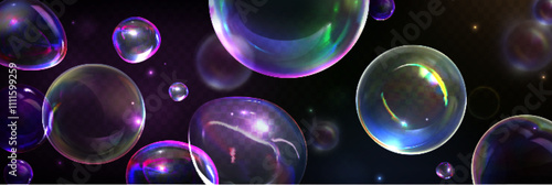 3d soap water bubble. Magic glass transparent in blue and purple. Abstract iridescent sphere. Dreamy soapy liquid powder texture. Glossy rainbow bath orb illustration. Soft clear laundry light