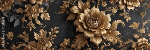Luxurious charcoal grey floral wallpaper with intricate golden accents, high end interior design, elegant accent wall, luxury home decor