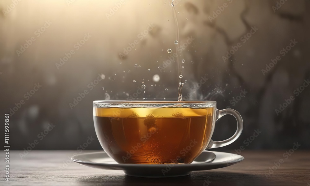Gentle bubbles rising in a cup of steaming tea, glass, drink, container Gentle bubbles rising in a cup of steaming tea, glass, drink, container