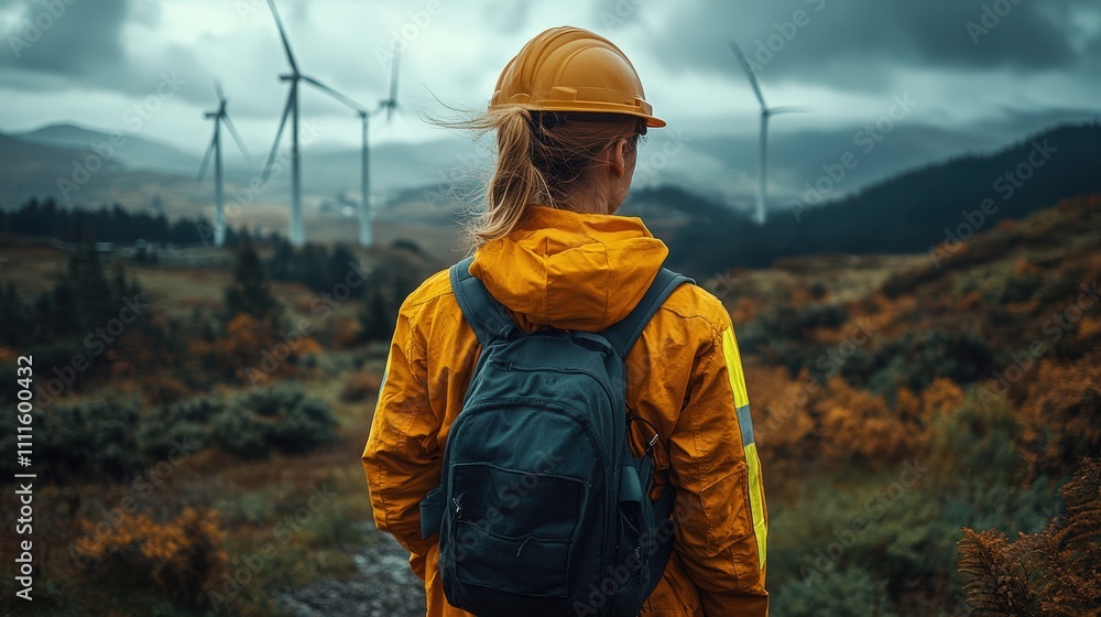 Young Woman in Orange Jacket and Hard Hat Observing Wind Turbines Young Woman in Orange Jacket and Hard Hat Observing Wind Turbines