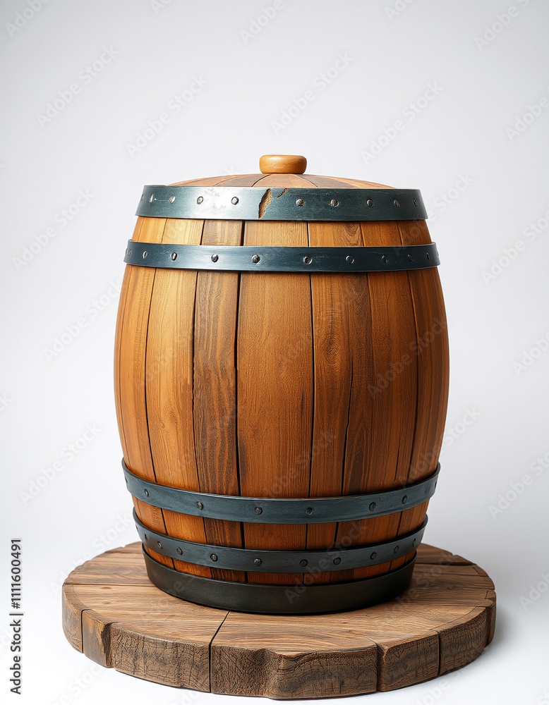 Rustic Wooden Barrel with Metal Bands Isolated on White Background, Perfect for Storage or Decor. Rustic Wooden Barrel with Metal Bands Isolated on White Background, Perfect for Storage or Decor.