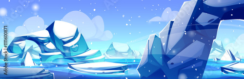 Nordic sea landscape with iceberg and glacier. Vector cartoon illustration of arctic scenery, blue ice rocks, white snow, cold ocean water and frozen sky, antarctic nature background, north pole