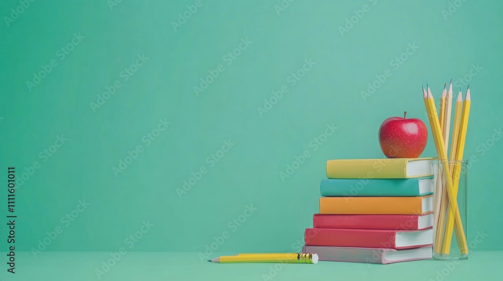 Back to school supplies colorful books, pencils, apple on teal background. Back to school supplies colorful books, pencils, apple on teal background.