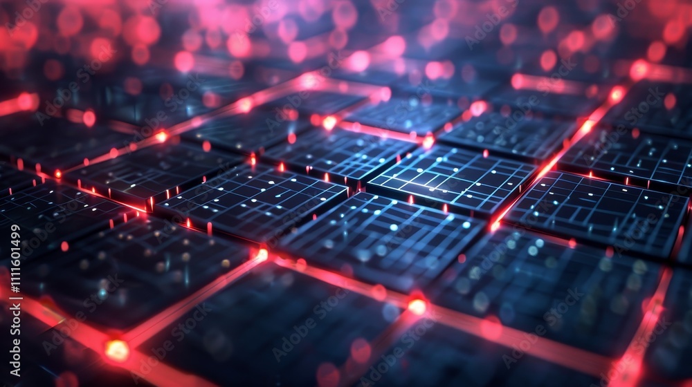 Quantum computing processors process data with red lights and bokeh effect, showcasing futuristic technology and innovative design Quantum computing processors process data with red lights and bokeh effect, showcasing futuristic technology and innovative design