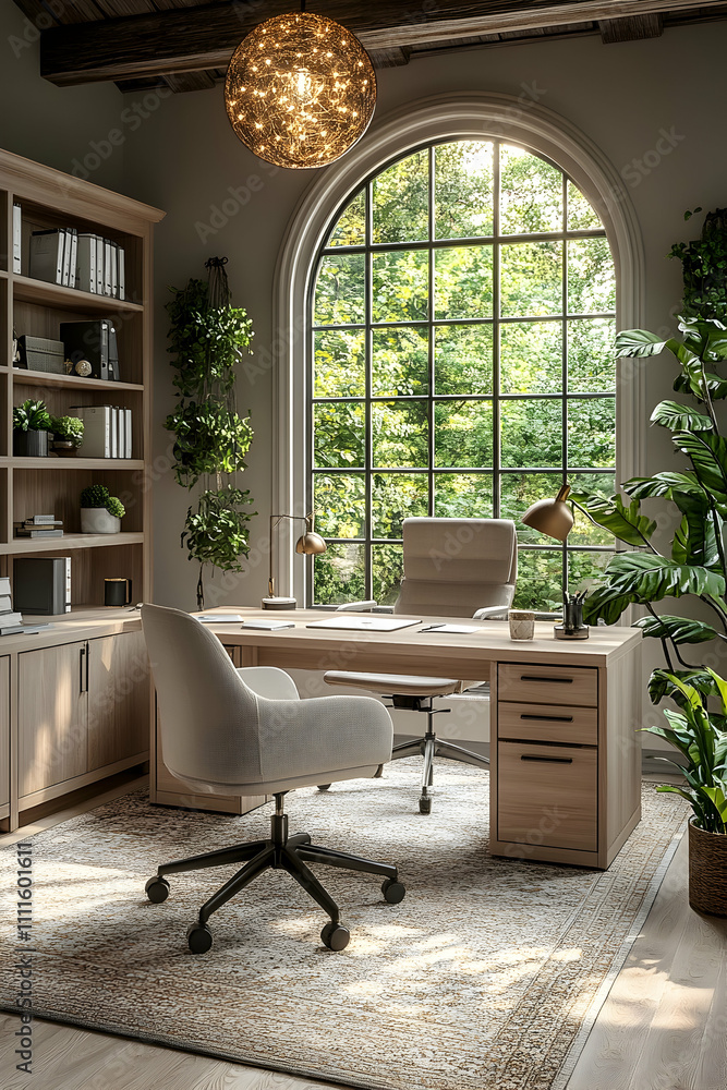 Fototapeta premium Sunlit home office with large window, desk, chair, and plants.