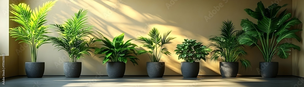 Sunlit indoor plants in grey pots. Sunlit indoor plants in grey pots.