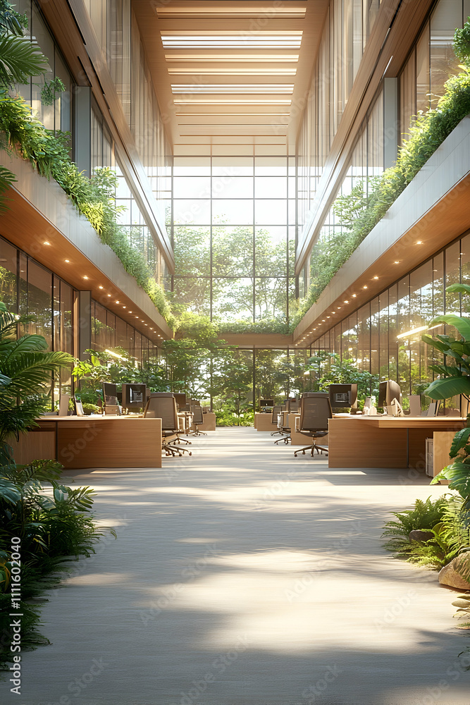 Sunlit modern office atrium with lush greenery and workstations. Sunlit modern office atrium with lush greenery and workstations.