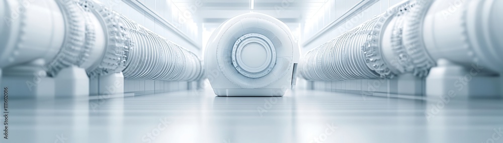 A futuristic, spacious corridor filled with large, cylindrical structures, illuminated by soft, white light, suggesting a high-tech environment. A futuristic, spacious corridor filled with large, cylindrical structures, illuminated by soft, white light, suggesting a high-tech environment.