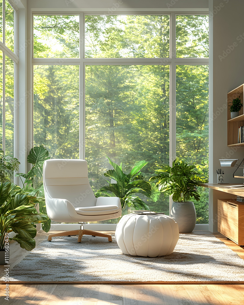 Sunlit room with armchair, plants, and large window overlooking lush greenery. Sunlit room with armchair, plants, and large window overlooking lush greenery.