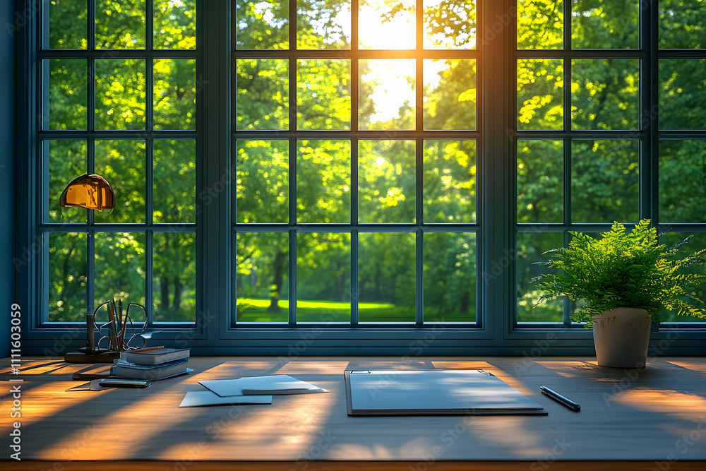 Sunny morning view from window, desk with book and stationery. Sunny morning view from window, desk with book and stationery.