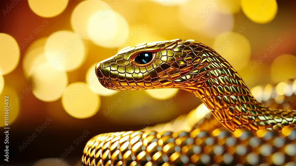 Chinese New Year 2025 themed, Close up of golden snake with shimmering scales and captivating eyes in wildlife bokeh. Chinese New Year 2025 themed, Close up of golden snake with shimmering scales and captivating eyes in wildlife bokeh.