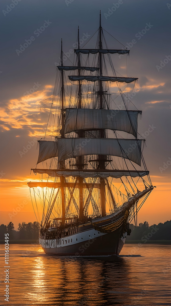 Fototapeta premium Tall ship sailing at sunset, golden hour light reflecting on water.