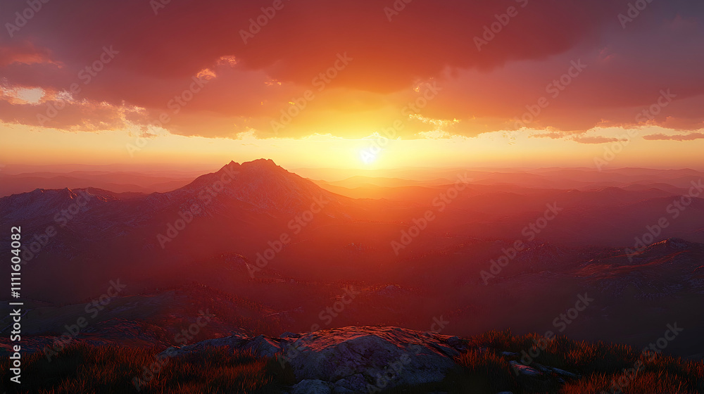 Fototapeta premium Vibrant sunset over majestic mountains.