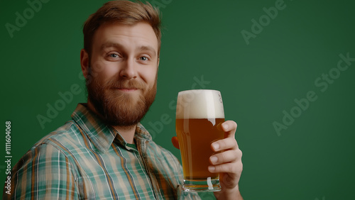 White man holding beer mug, copy space, single color background. photo