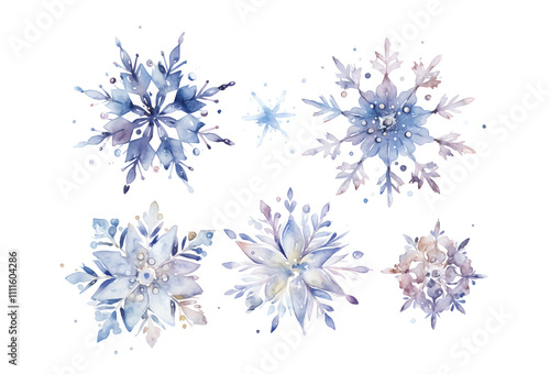 Set of snowflakes , small snowflakes, white background. Christmas and New Year theme in watercolor