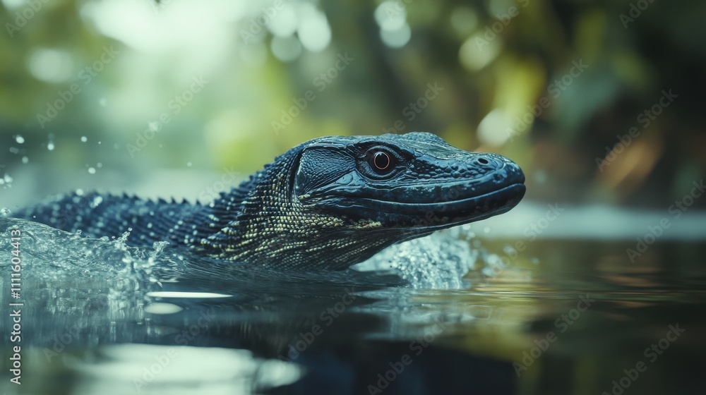 Close-up of an Asian water monitor swimming through a peaceful river, offering a dynamic image with plenty of copy space Close-up of an Asian water monitor swimming through a peaceful river, offering a dynamic image with plenty of copy space