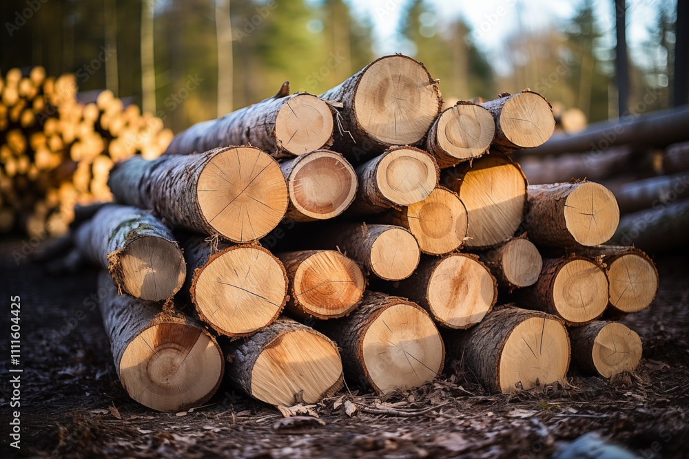 Cut wooden logs in the stack. Lumber in the forest Cut wooden logs in the stack. Lumber in the forest