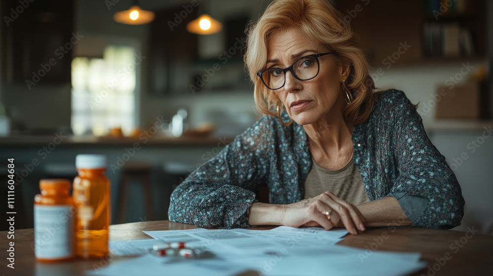 Portrait of a mature caucasian woman looking at medical documents and drugs prescription bottle are on the table in front of her , she seems worried about the medical treatment efficiency Portrait of a mature caucasian woman looking at medical documents and drugs prescription bottle are on the table in front of her , she seems worried about the medical treatment efficiency