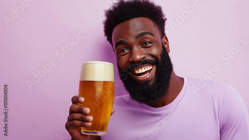 Black man holding beer mug, copy space, single color background. photo