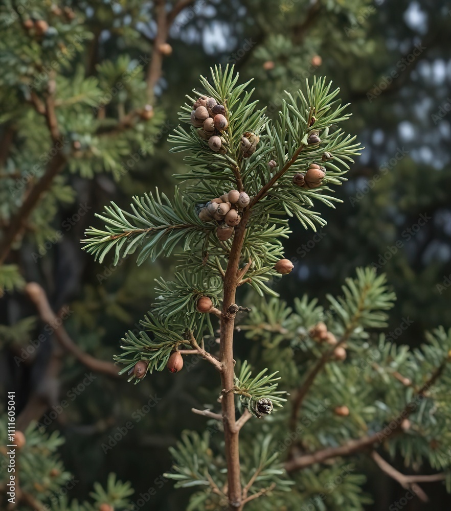 Fine branching on the stems with seeds and cones on Virginia juniper, inflorescence, axil Fine branching on the stems with seeds and cones on Virginia juniper, inflorescence, axil