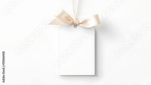 Blank white gift tag with ribbon isolated on white background cutout