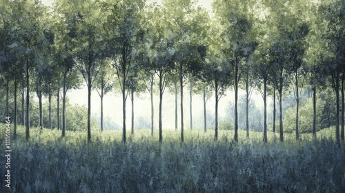 Linear rows of dark green trees in a quiet forest, bathed in gentle white light, creating an ethereal composition