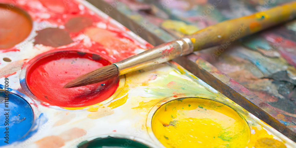 Obraz premium Colorful Watercolor Paints and Brush in Artistic Setting