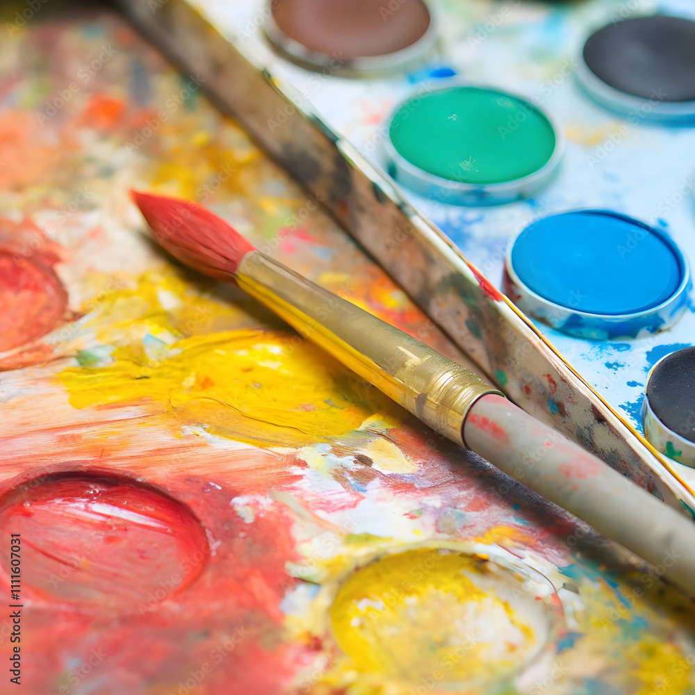 Obraz premium Bright Watercolors and Brushes in a Creative Studio
