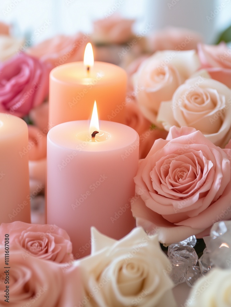 A serene arrangement of pink candles surrounded by soft pink and white roses, creating a romantic and calming atmosphere. A serene arrangement of pink candles surrounded by soft pink and white roses, creating a romantic and calming atmosphere.