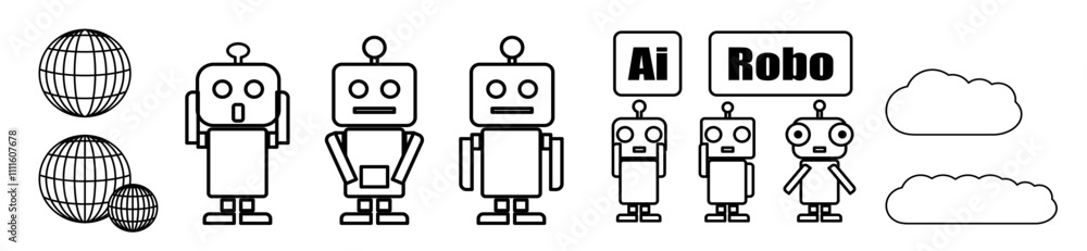 ビジネスイラストアイコン デジタル世界と近未来のロボットAIの親子、クラウド風の雲吹き出し ビジネスイラストアイコン デジタル世界と近未来のロボットAIの親子、クラウド風の雲吹き出し