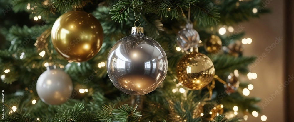 Group of shiny sphere decorations on a Christmas tree, metallic sphere, shining globe Group of shiny sphere decorations on a Christmas tree, metallic sphere, shining globe